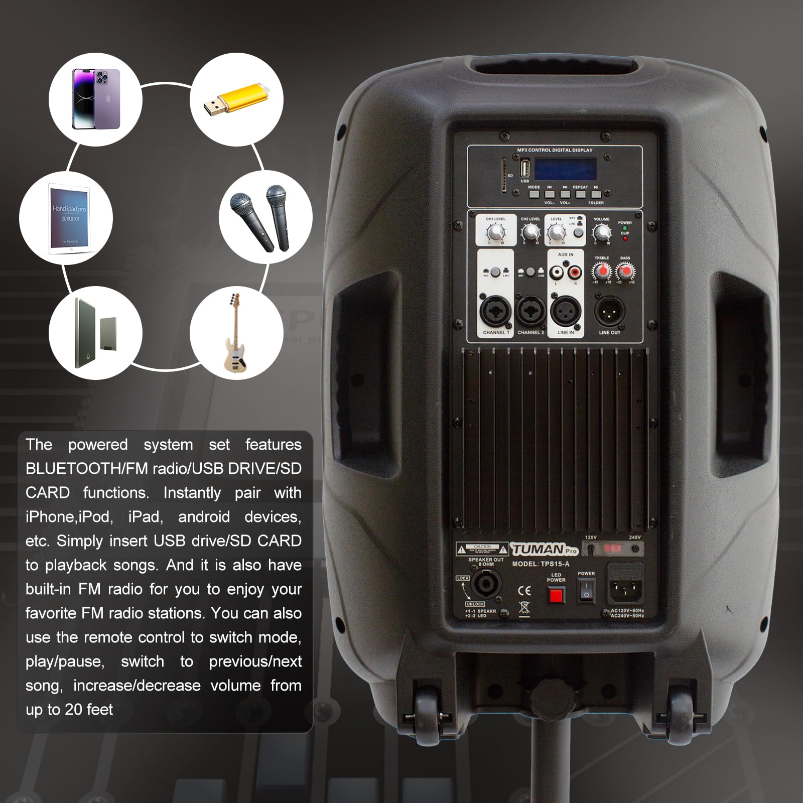 TUMAN Pro Portable 15-Inch PA Speaker System DJ Amplified Loud Speaker with Stand Bluetooth/USB/SD Card Reader/FM Radio/Remote C